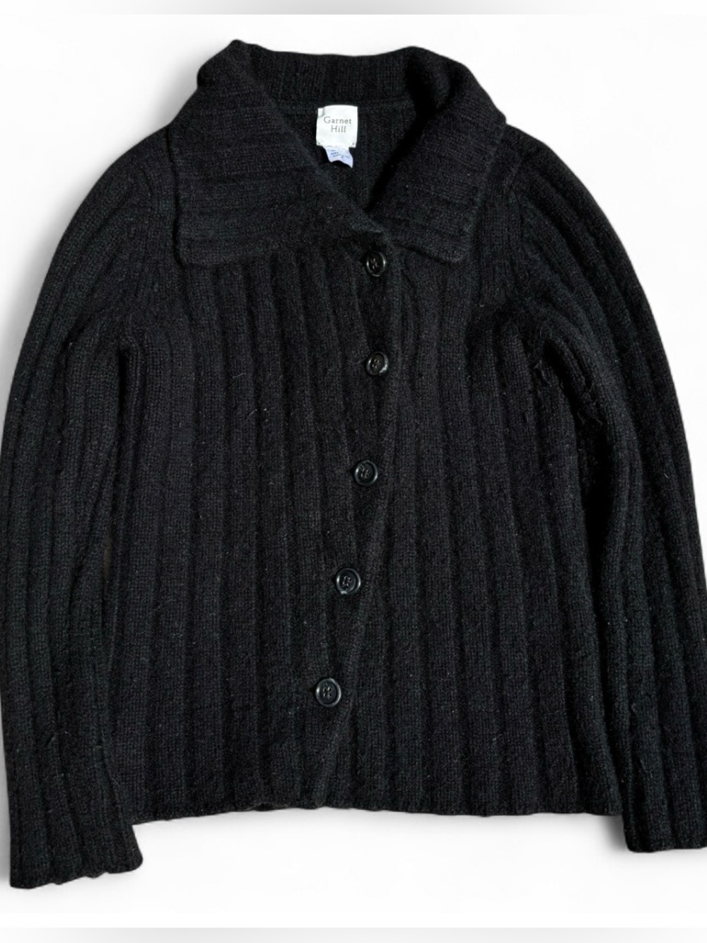 Garnet Hill Black Ribbed Button Asymmetrical Cardigan Cashmere Wool Blend Size S